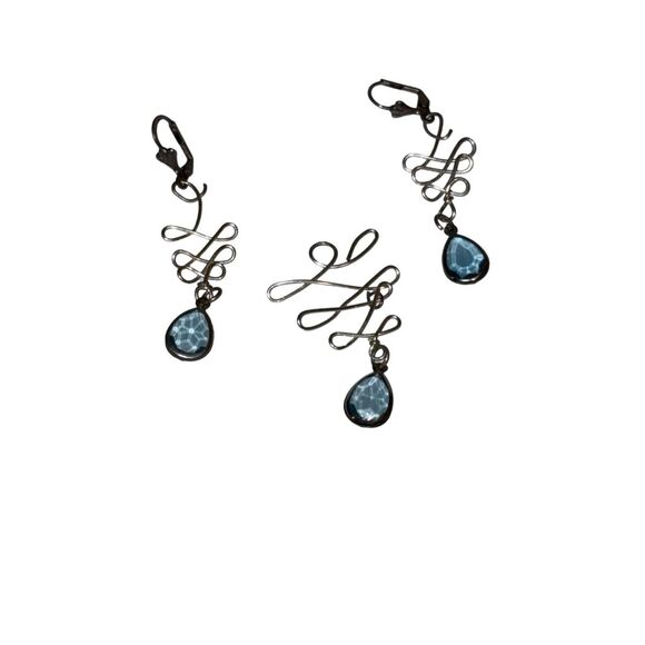 Blue Chrystal Dangle Silver Earrings & Pendant Vintage Artisan Jewelry Set - Picture 5 of 6
